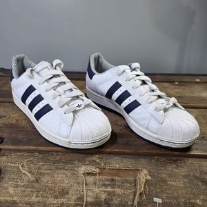 Adidas Superstar II Classic White and Navy Blue Leather 3 Stripe Sneakers. 8